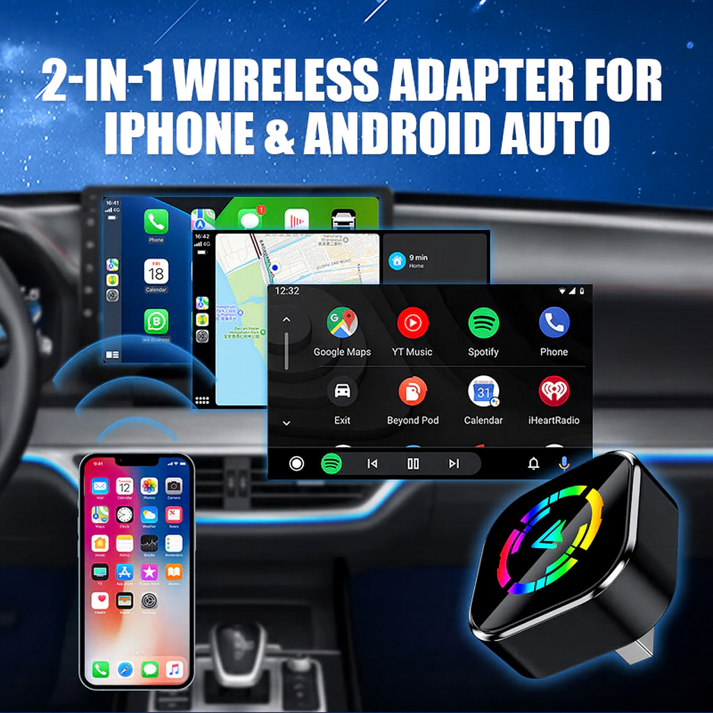 DriveLink Pro – 2-in-1 Kabellos-Adapter für iPhone & Android Auto