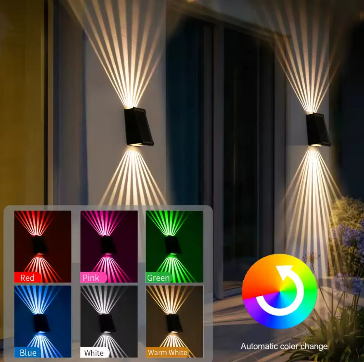 LumoRay – RGB-Solarwandleuchte für Terrasse & Fassade mit 4-seitiger Beleuchtung