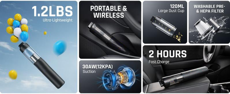 V8 Mate™ – Kabelloser Auto-Staubsauger mit starker Saugkraft und USB-C-Ladung